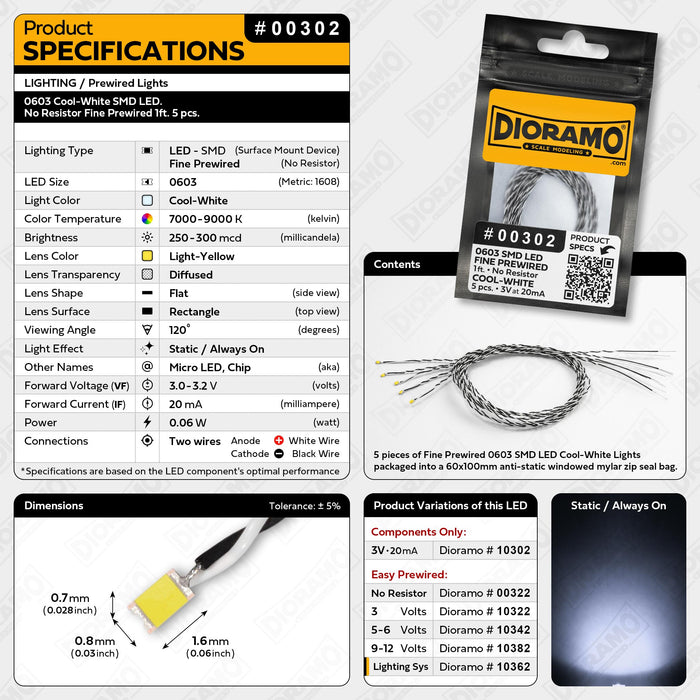0603 Cool-White SMD LED. No Resistor Fine Prewired 1ft. 5 pcs.