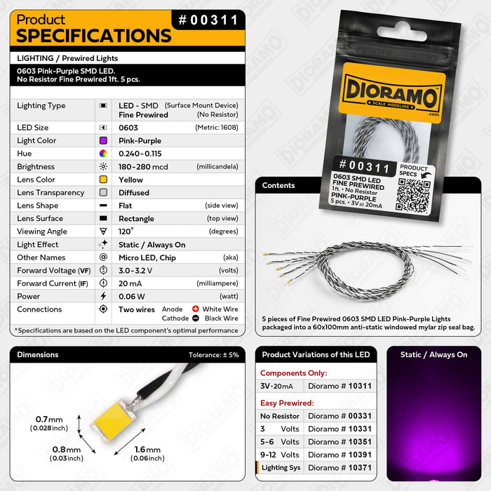 0603 Pink-Purple SMD LED. No Resistor Fine Prewired 1ft. 5 pcs.