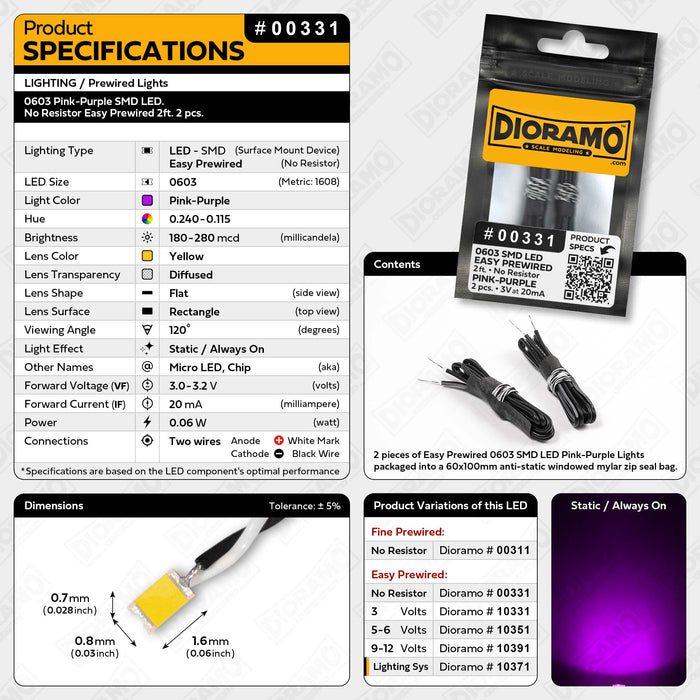 0603 Pink-Purple SMD LED. No Resistor Easy Prewired 2ft. 2 pcs.