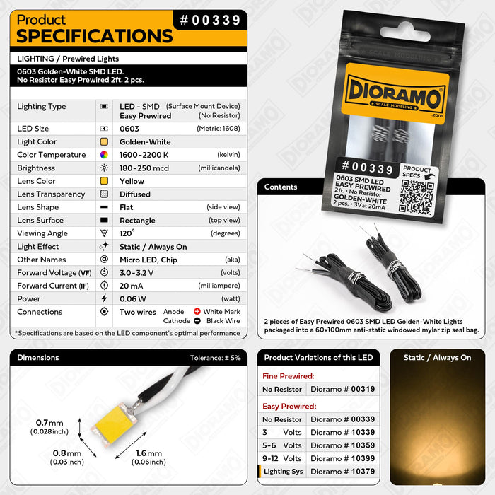 0603 Golden-White SMD LED. No Resistor Easy Prewired 2ft. 2 pcs.