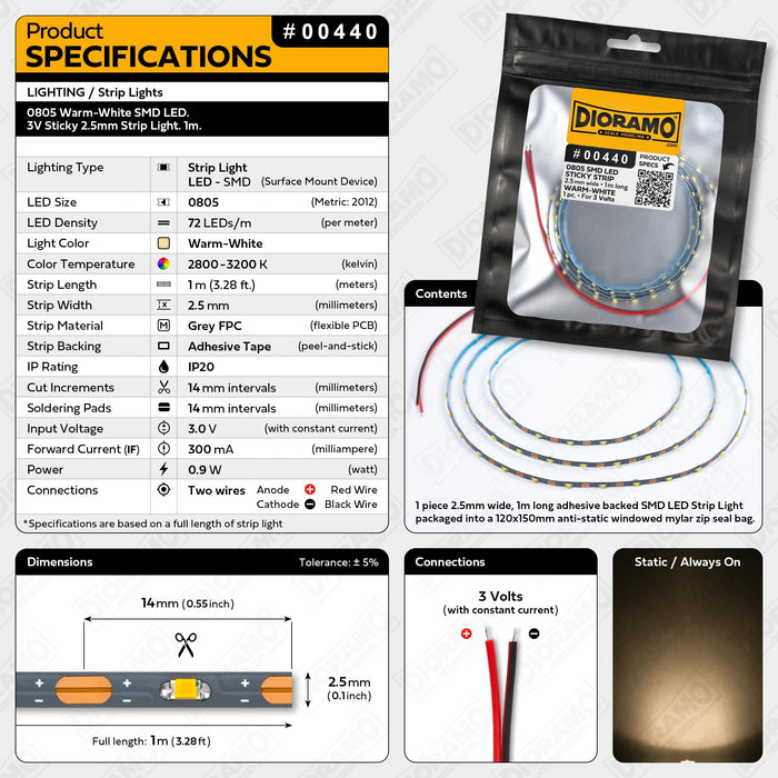 0805 Warm-White SMD LED. 3V Sticky 2.5mm Strip Light. 1m.