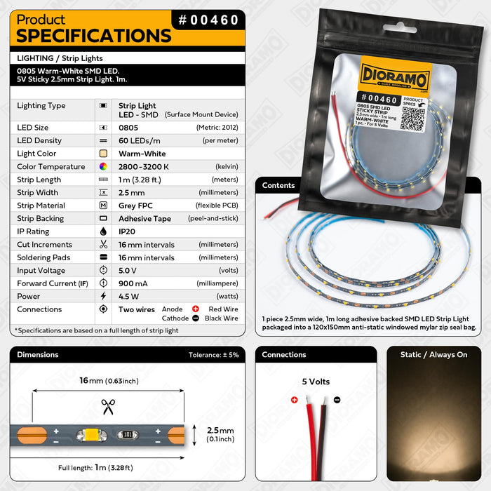 0805 Warm-White SMD LED. 5V Sticky 2.5mm Strip Light. 1m.