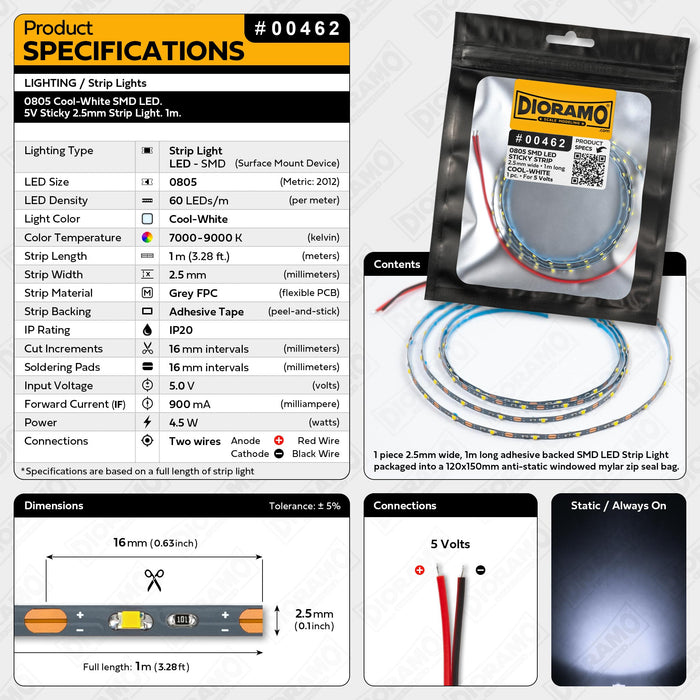 0805 Cool-White SMD LED. 5V Sticky 2.5mm Strip Light. 1m.