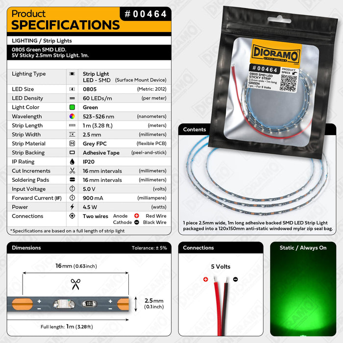 0805 Green SMD LED. 5V Sticky 2.5mm Strip Light. 1m.