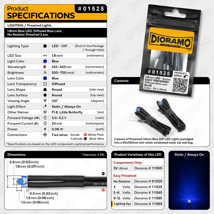 1.8mm Blue LED. Diffused Blue Lens. No Resistor Prewired 2 pcs.