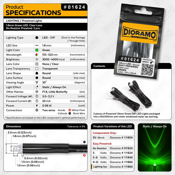 1.8mm Green LED. Clear Lens. No Resistor Prewired. 2 pcs.