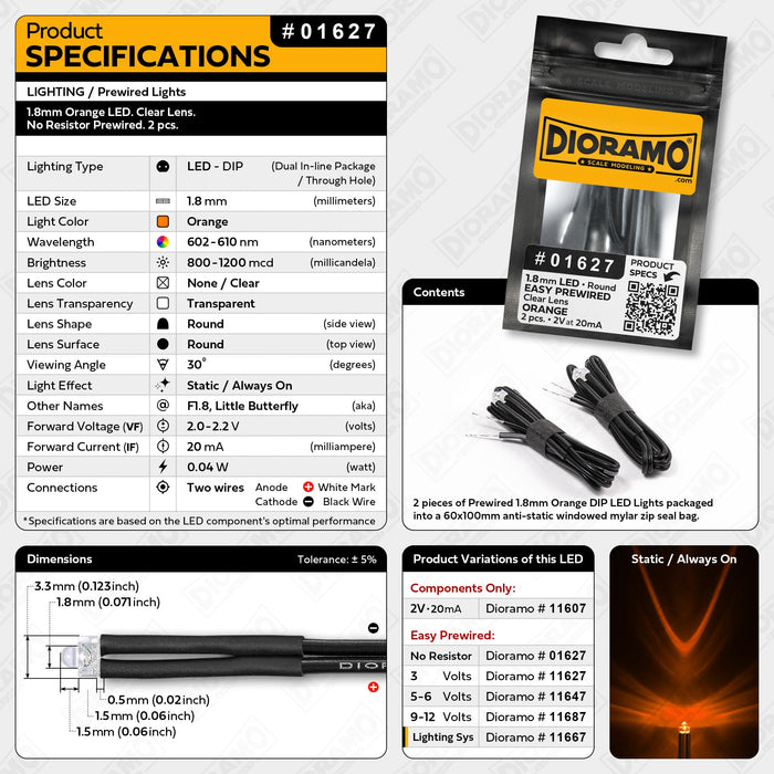 1.8mm Orange LED. Clear Lens. No Resistor Prewired. 2 pcs.