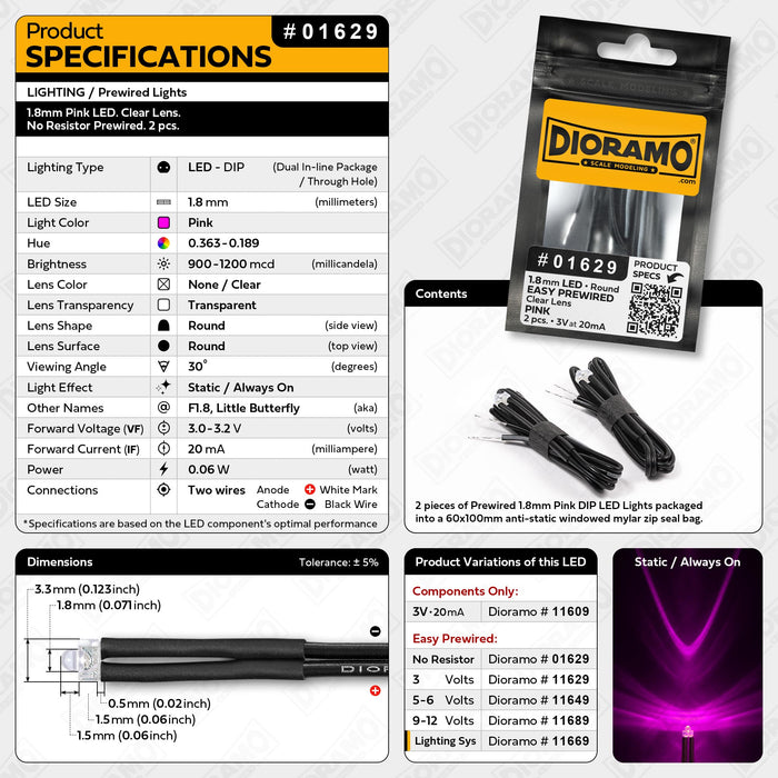 1.8mm Pink LED. Clear Lens. No Resistor Prewired. 2 pcs.