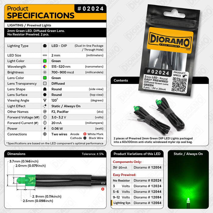 2mm Green LED. Diffused Green Lens. No Resistor Prewired. 2 pcs.