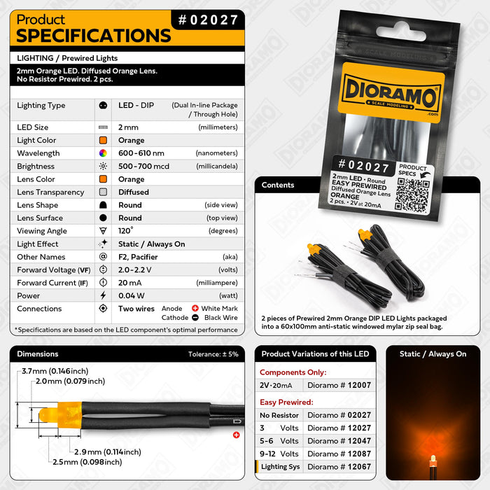 2mm Orange LED. Diffused Orange Lens. No Resistor Prewired. 2 pcs.