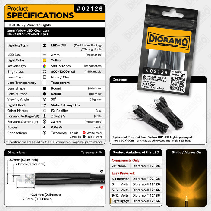 2mm Yellow LED. Clear Lens. No Resistor Prewired. 2 pcs.