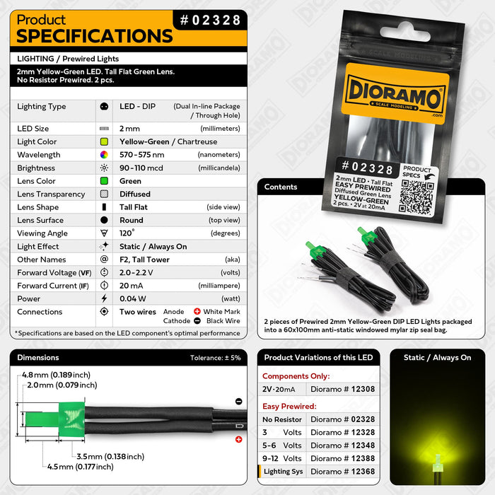 2mm Yellow-Green LED. Tall Flat Green Lens. No Resistor Prewired. 2pcs