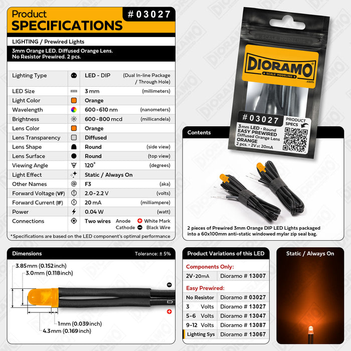3mm Orange LED. Diffused Orange Lens. No Resistor Prewired. 2 pcs.