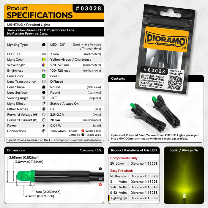 3mm Yellow-Green LED. Diffused Green Lens. No Resistor Prewired. 2pcs.