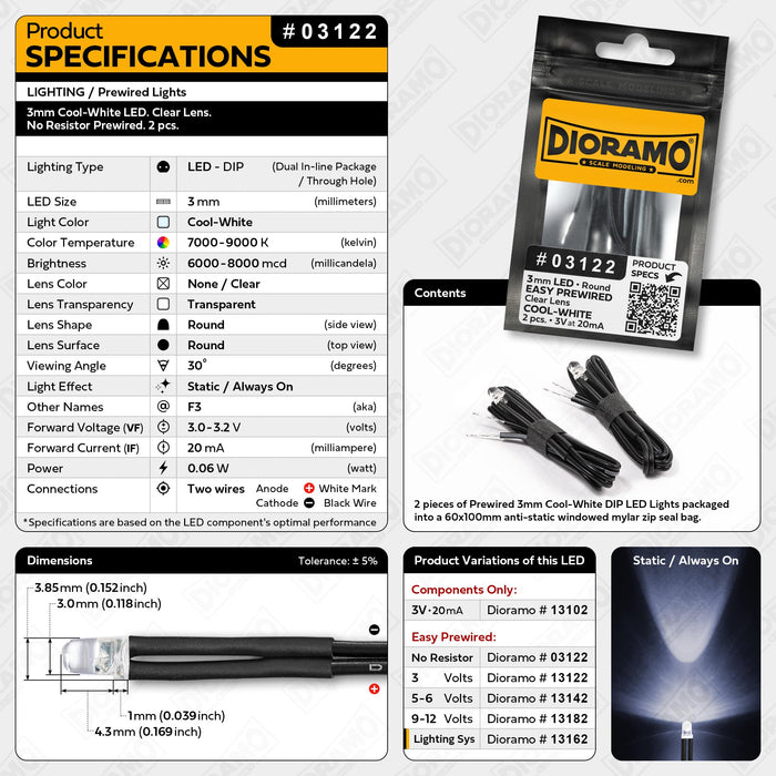 3mm Cool-White LED. Clear Lens. No Resistor Prewired. 2 pcs.