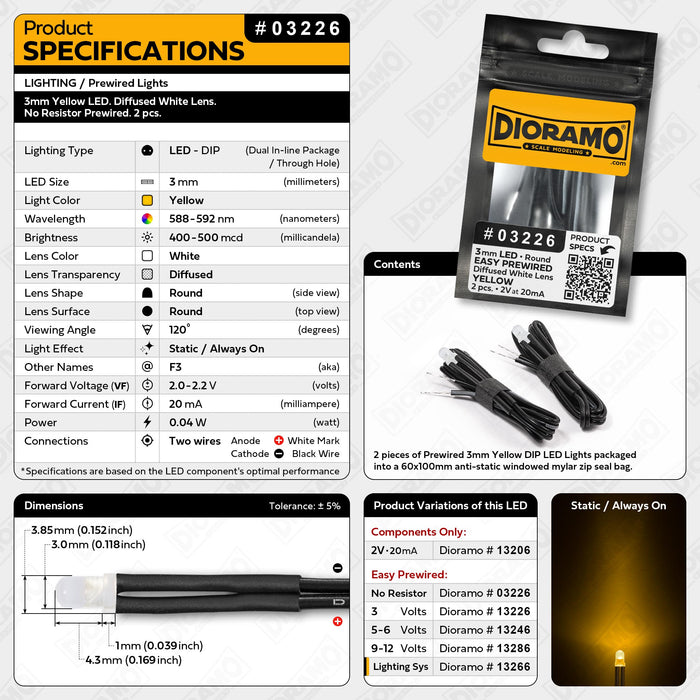 3mm Yellow LED. Diffused White Lens. No Resistor Prewired. 2 pcs.