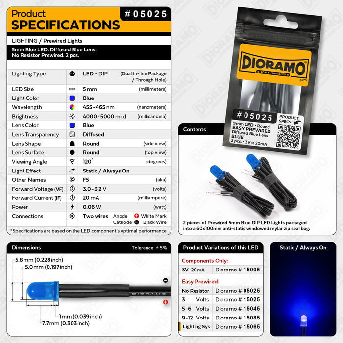 5mm Blue LED. Diffused Blue Lens. No Resistor Prewired. 2 pcs.