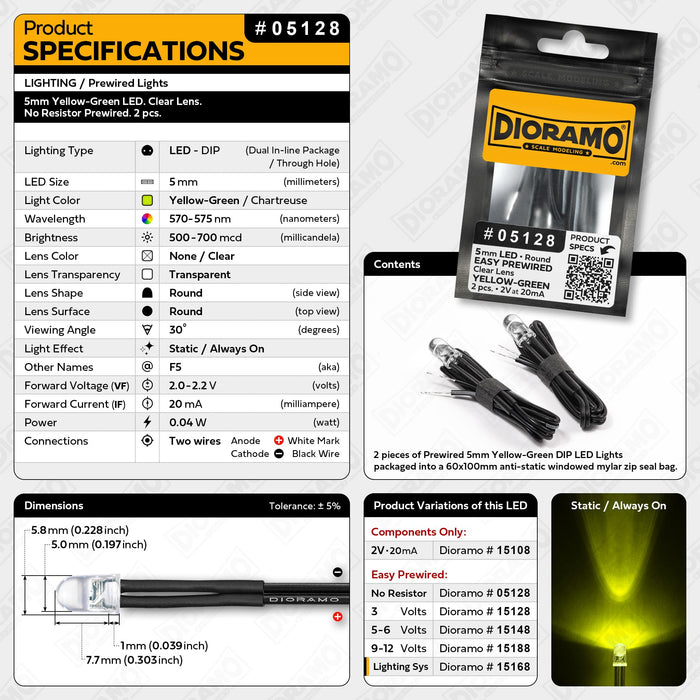 5mm Yellow-Green LED. Clear Lens. No Resistor Prewired. 2 pcs.