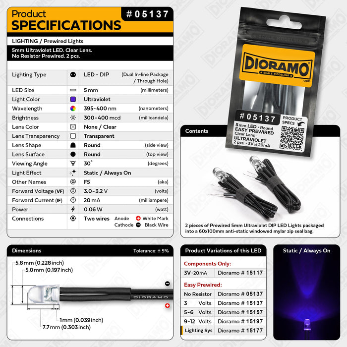 5mm Ultraviolet LED. Clear Lens. No Resistor Prewired. 2 pcs.