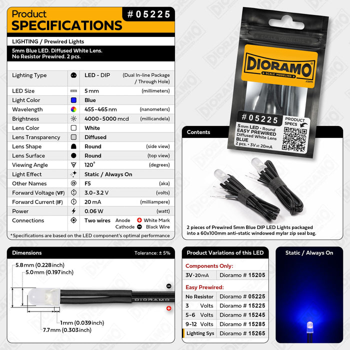 5mm Blue LED. Diffused White Lens. No Resistor Prewired. 2 pcs.