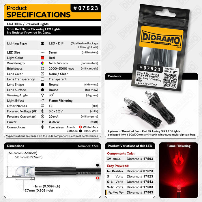 5mm Red Flame Flickering LED Lights. No Resistor Prewired 1ft. 2 pcs.