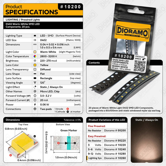 0402 Warm-White SMD LED Components. 20 pcs.
