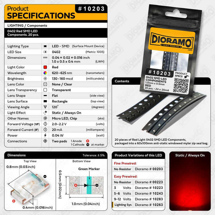 0402 Red SMD LED Components. 20 pcs.