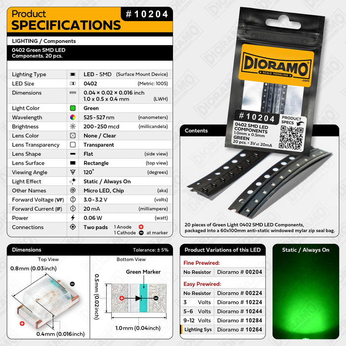 0402 Green SMD LED Components. 20 pcs.