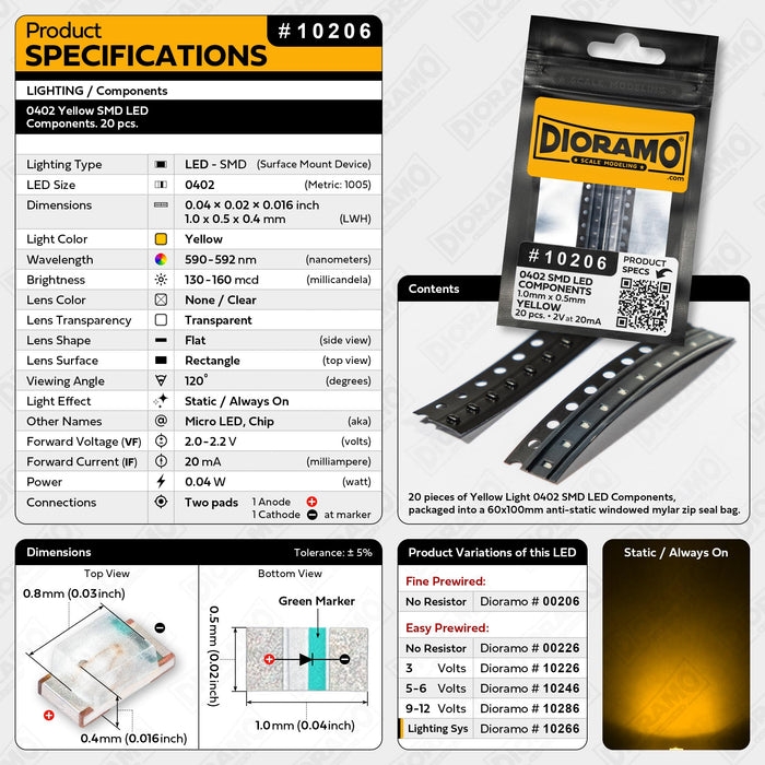 0402 Yellow SMD LED Components. 20 pcs.