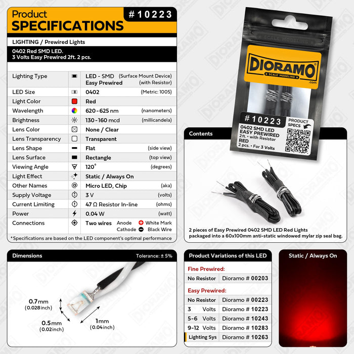 0402 Red SMD LED. 3 Volts Easy Prewired 2ft. 2 pcs.