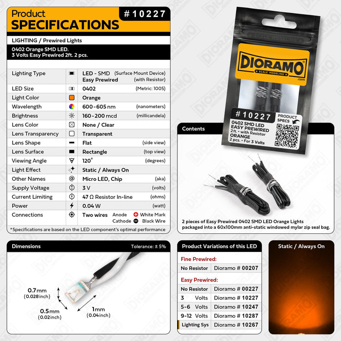 0402 Orange SMD LED. 3 Volts Easy Prewired 2ft. 2 pcs.