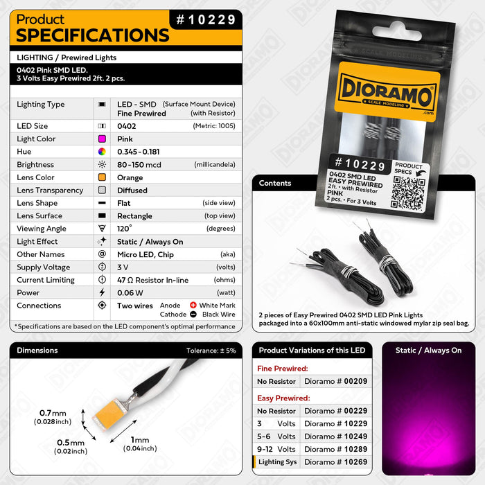 0402 Pink SMD LED. 3 Volts Easy Prewired 2ft. 2 pcs.