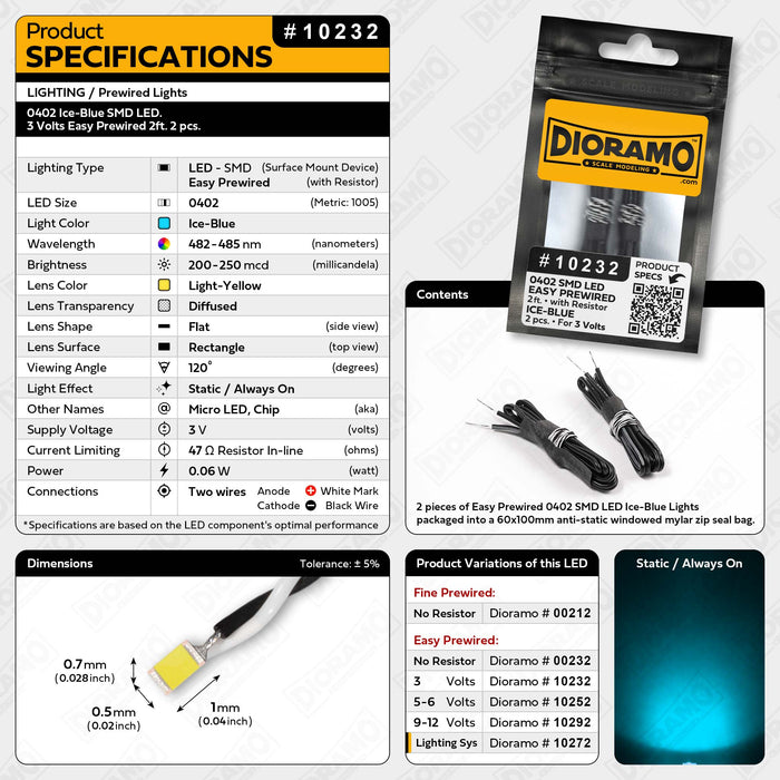 0402 Ice-Blue SMD LED. 3 Volts Easy Prewired 2ft. 2 pcs.