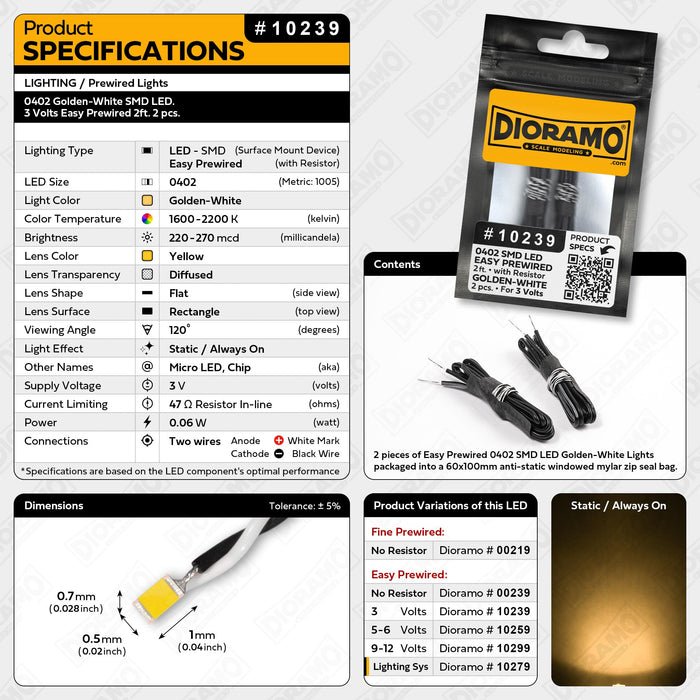 0402 Golden-White SMD LED. 3 Volts Easy Prewired 2ft. 2 pcs.