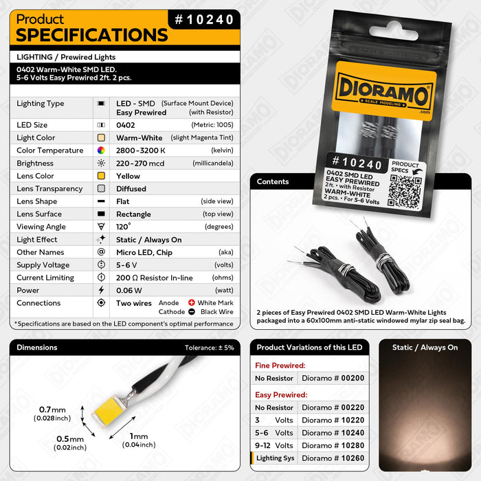 0402 Warm-White SMD LED. 5-6 Volts Easy Prewired 2ft. 2 pcs.
