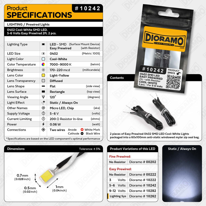 0402 Cool-White SMD LED. 5-6 Volts Easy Prewired 2ft. 2 pcs.