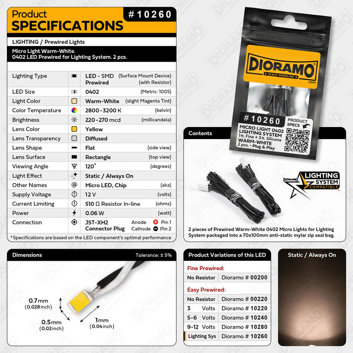 Micro Light Warm-White. 0402 LED Prewired for Lighting System. 2 pcs.