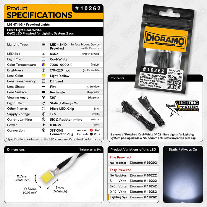 Micro Light Cool-White. 0402 LED Prewired for Lighting System. 2 pcs.