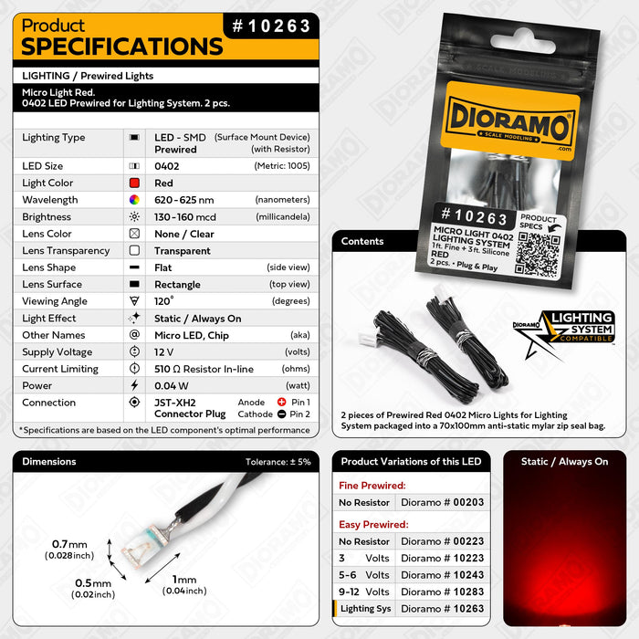 Micro Light Red. 0402 LED Prewired for Lighting System. 2 pcs.