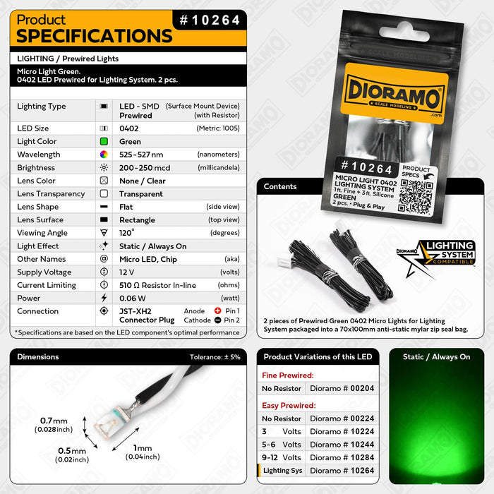 Micro Light Green. 0402 LED Prewired for Lighting System. 2 pcs.