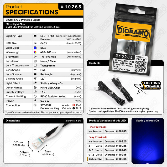 Micro Light Blue. 0402 LED Prewired for Lighting System. 2 pcs.