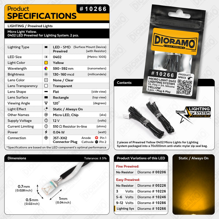 Micro Light Yellow. 0402 LED Prewired for Lighting System. 2 pcs.