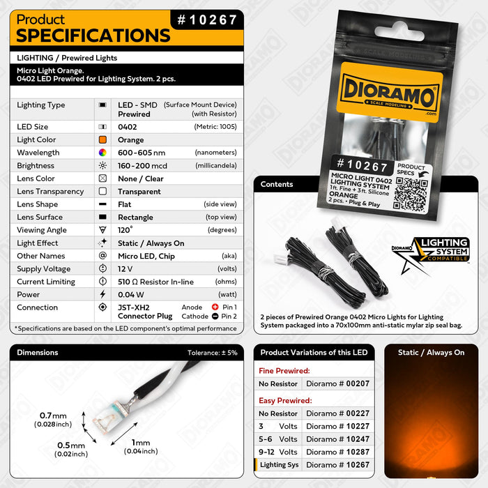 Micro Light Orange. 0402 LED Prewired for Lighting System. 2 pcs.