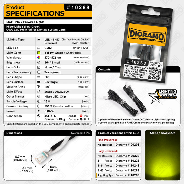 Micro Light Yellow-Green. 0402 LED Prewired for Lighting System. 2 pcs.