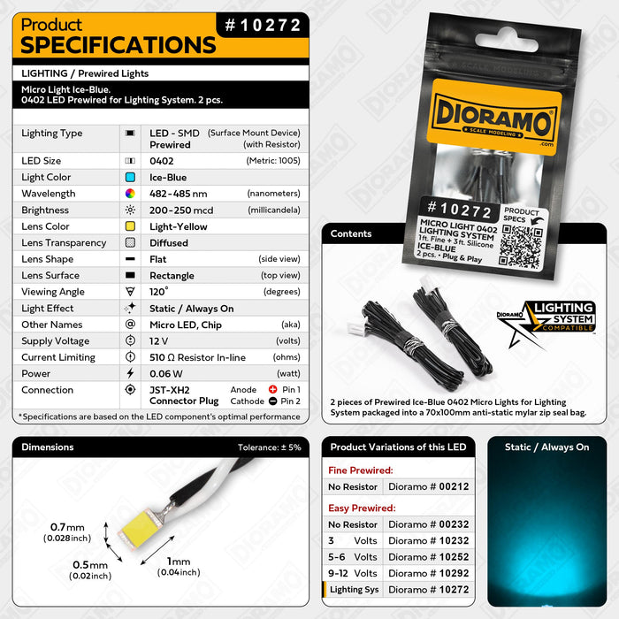 Micro Light Ice-Blue. 0402 LED Prewired for Lighting System. 2 pcs.