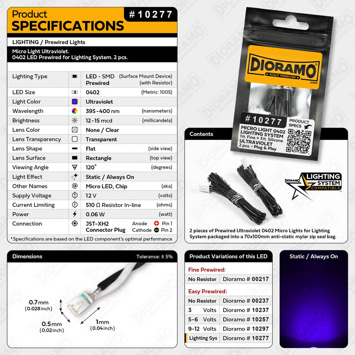 Micro Light Ultraviolet. 0402 LED Prewired for Lighting System. 2 pcs.