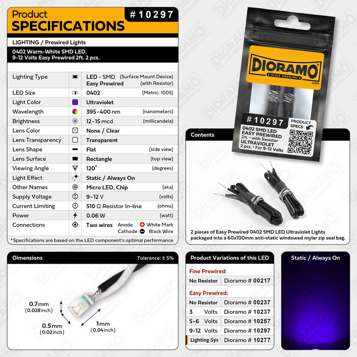0402 Ultraviolet SMD LED. 9-12 Volts Easy Prewired 2ft. 2 pcs.
