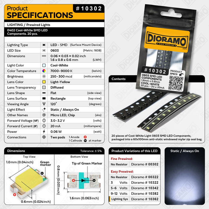 0603 Cool-White SMD LED Components. 20 pcs.
