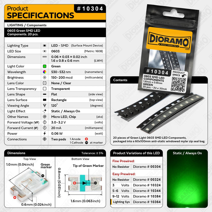 0603 Green SMD LED Components. 20 pcs.