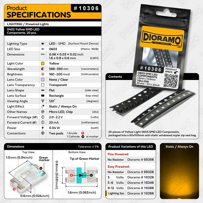 0603 Yellow SMD LED Components. 20 pcs.